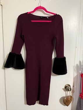 Knit sweater dress with fur  bell sleeves